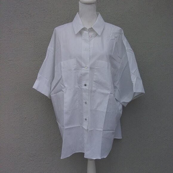 Zara Women's Top Lagenlook White Short Sleeve Cotton Med NEW 2 front pockets - Picture 4 of 7